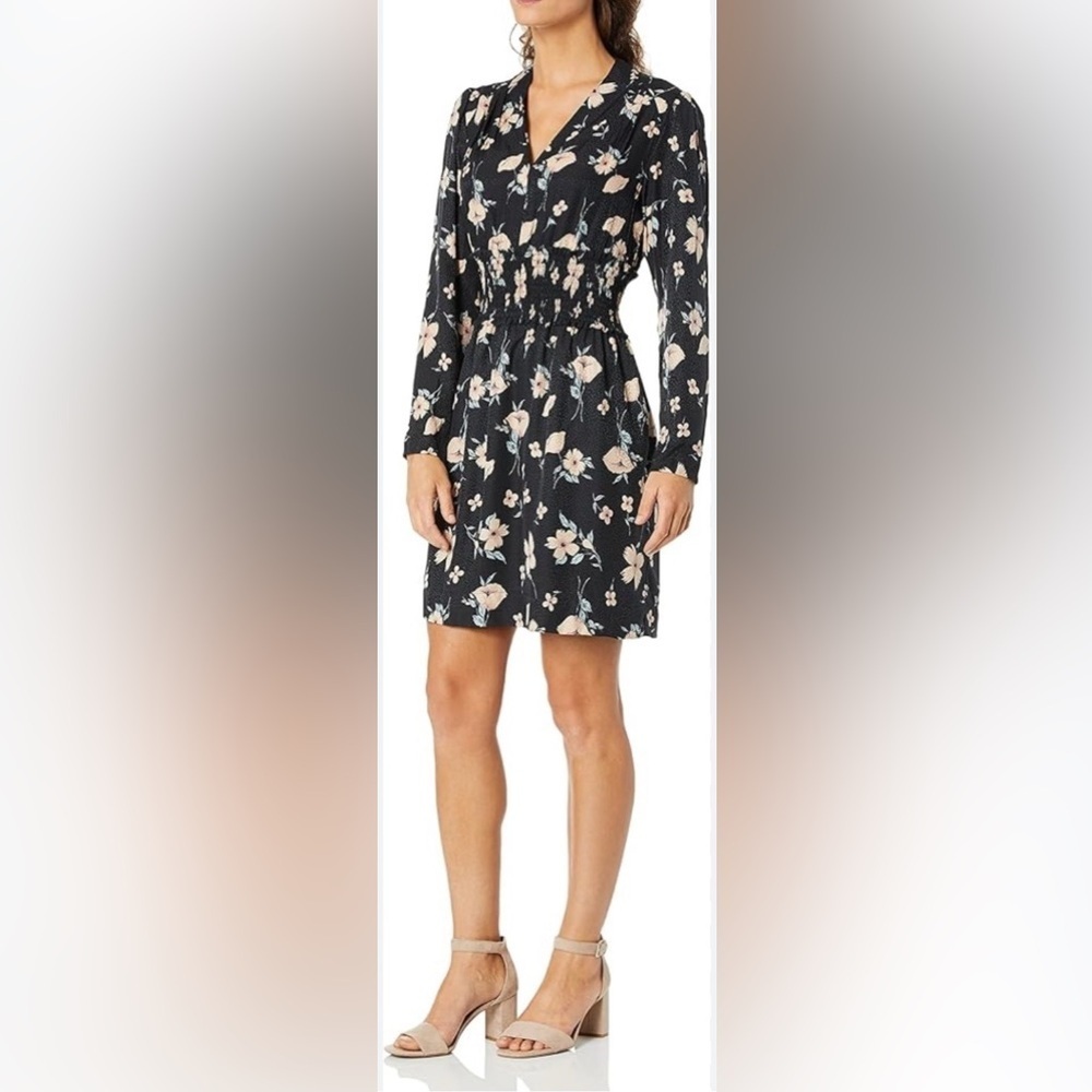 Rebecca Taylor Daniella Silk Blend Smocked Floral V-Neck Long SleeveDress Size 8